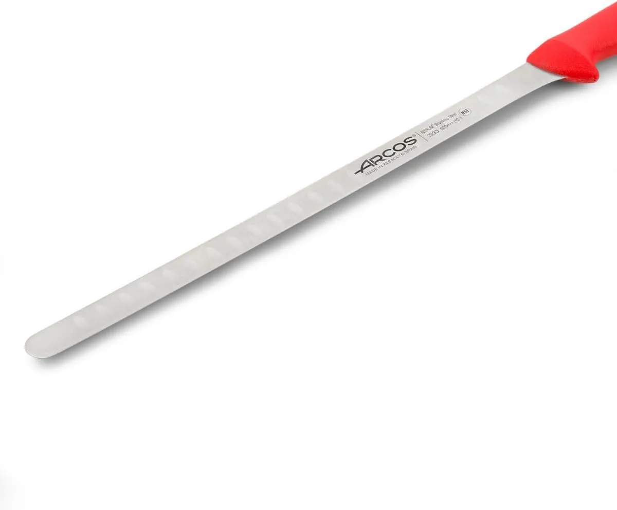 Arcos Salmon Knife/Fish Knife 12 Inch Nitrum Stainless Steel and 300 mm blade. Ergonomic Polypropylene Handle. Series 2900. Features different handle colors to make it easier. Color Red.