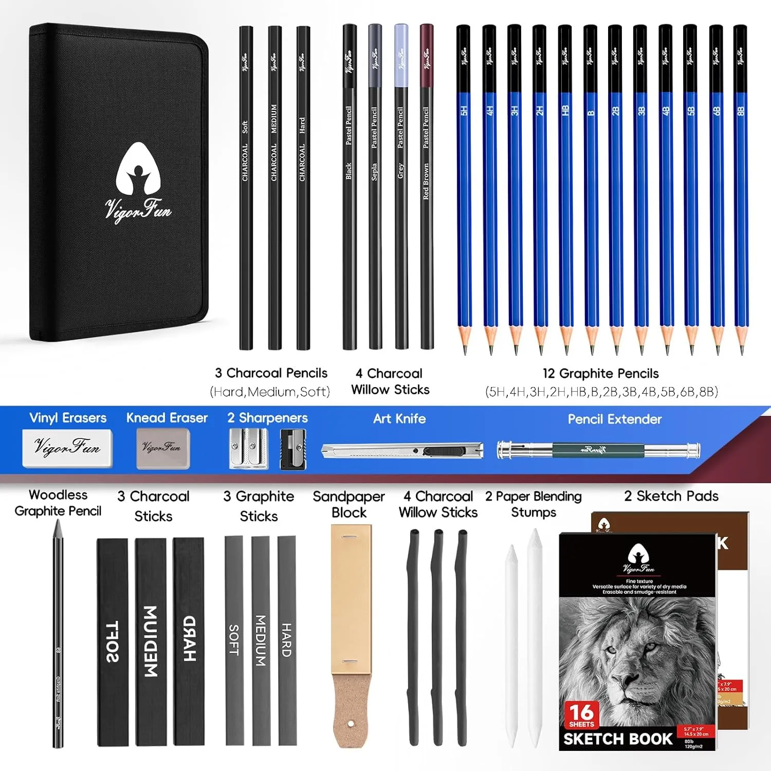 Art Supplies, Sketching & Drawing Pencils Art Kit with 2 Sketch Pads, Professional Artists Drawing Supplies Set Includes Graphite, Charcoals, Kneaded Eraser for Kids, Teens and Adults (42 Pieces)