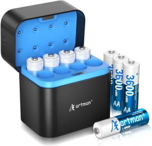 Artman Rechargeable Lithium AA Batteries 8-Pack 3600mWh with Fast Charger, AA Lithium Batteries for Blink Outdoor Camera, 1.5V Constant Output Double A Battery Recharge up to 2000  Cycles