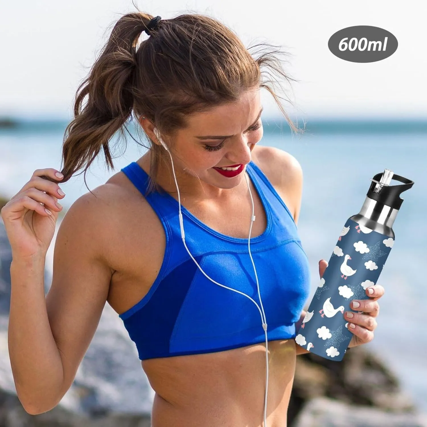 Aslsiy 20oz Sports Water Bottle Cute Goose Cloud Insulated Water Bottle Deep Blue Sky Stainless Steel Gym Bottle Metal Water Flask Thermos