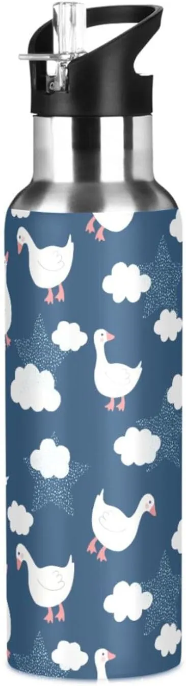 Aslsiy 20oz Sports Water Bottle Cute Goose Cloud Insulated Water Bottle Deep Blue Sky Stainless Steel Gym Bottle Metal Water Flask Thermos