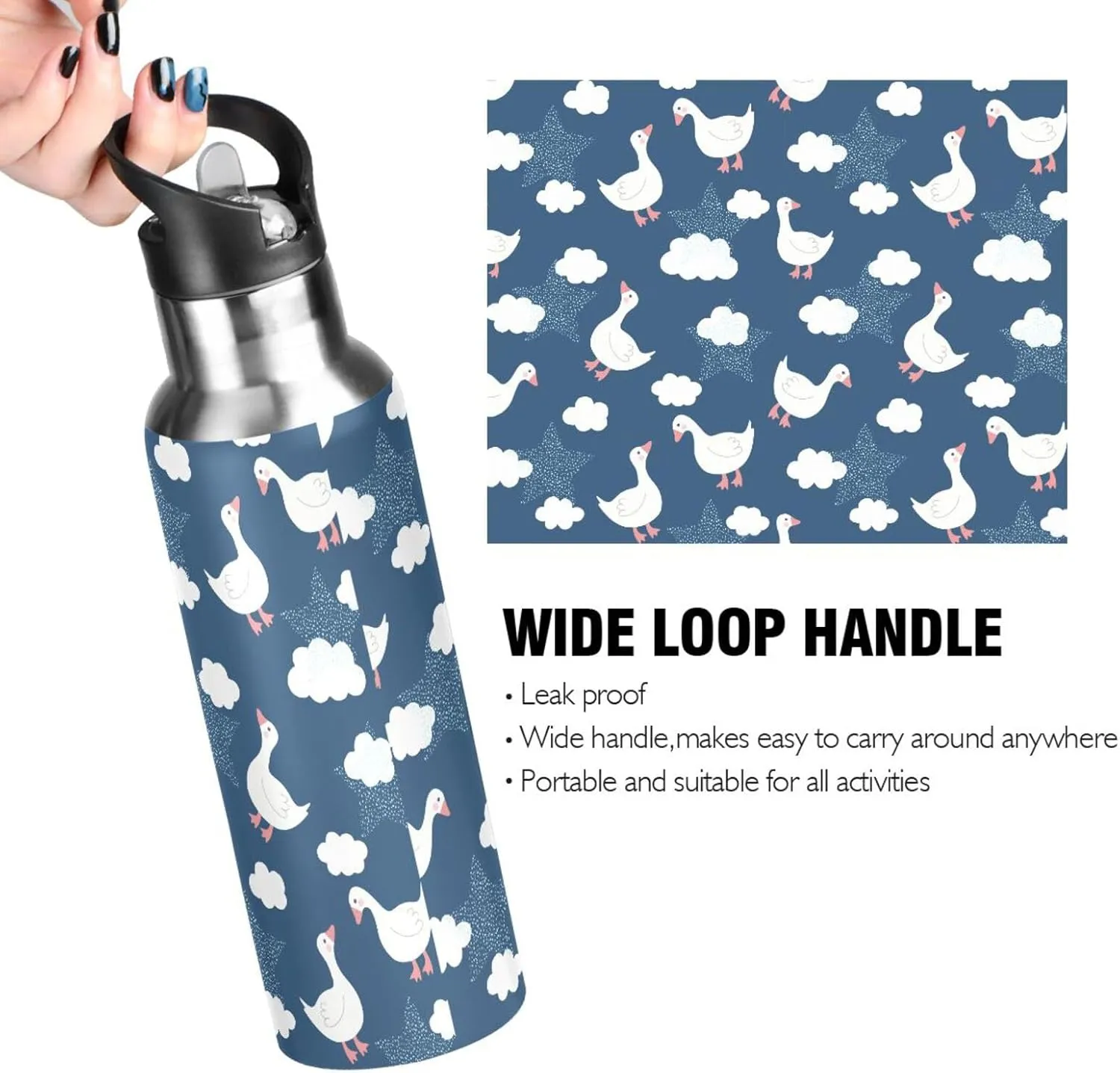 Aslsiy 20oz Sports Water Bottle Cute Goose Cloud Insulated Water Bottle Deep Blue Sky Stainless Steel Gym Bottle Metal Water Flask Thermos
