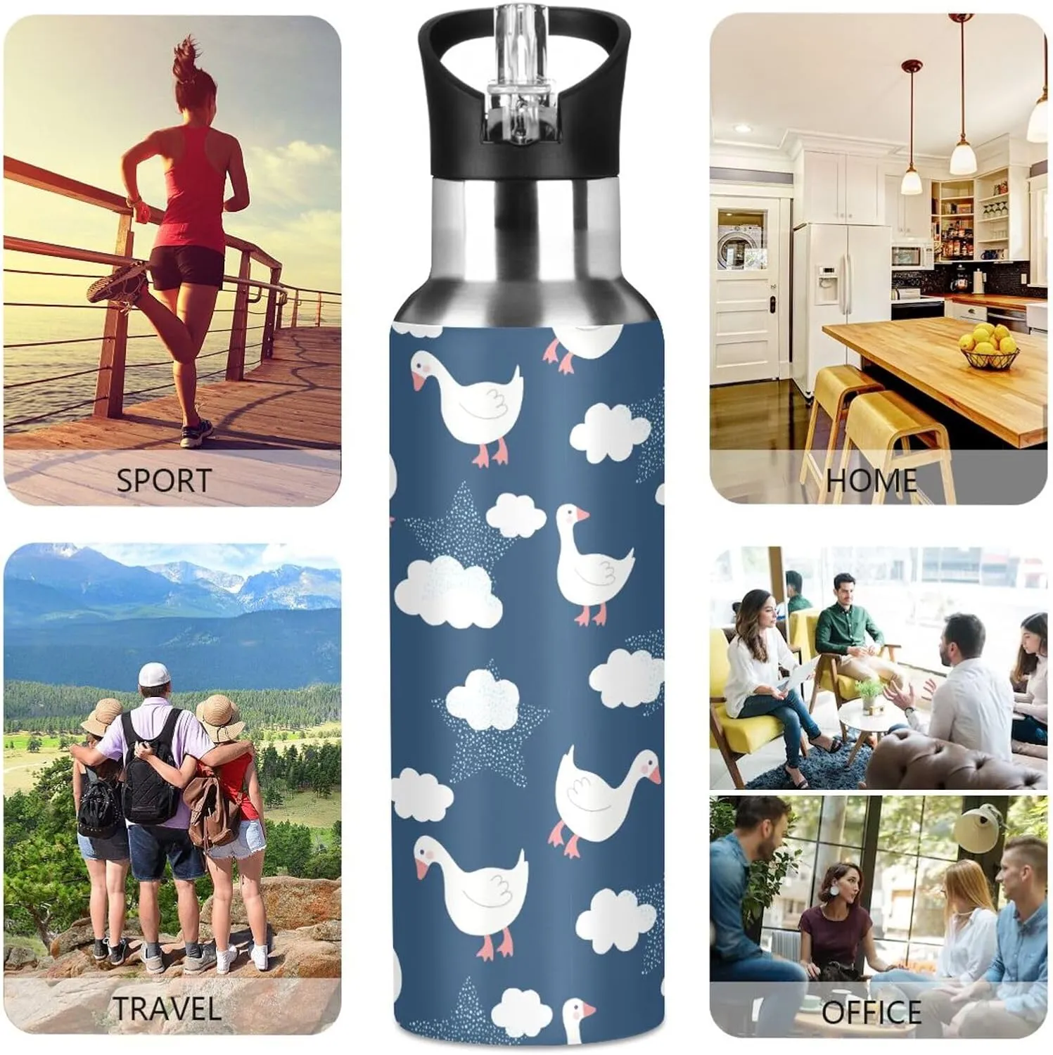 Aslsiy 20oz Sports Water Bottle Cute Goose Cloud Insulated Water Bottle Deep Blue Sky Stainless Steel Gym Bottle Metal Water Flask Thermos