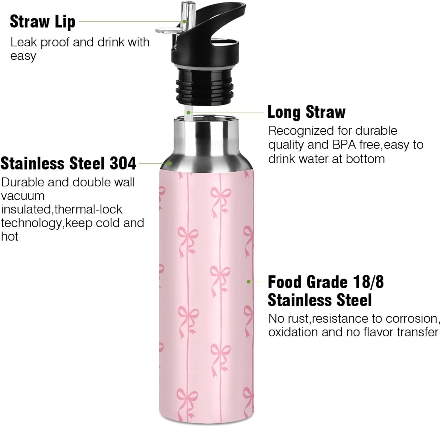 Aslsiy 20oz Sports Water Bottle Ribbons Bow Coquette Insulated Water Bottle Pink Stainless Steel Gym Bottle Metal Water Flask Thermos