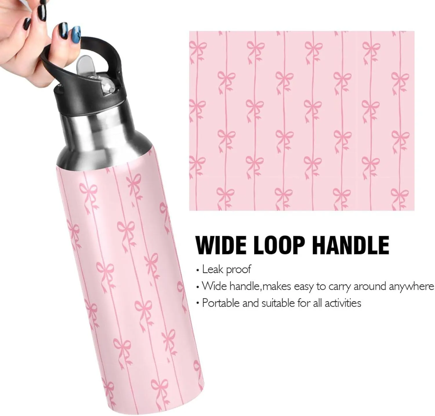 Aslsiy 20oz Sports Water Bottle Ribbons Bow Coquette Insulated Water Bottle Pink Stainless Steel Gym Bottle Metal Water Flask Thermos
