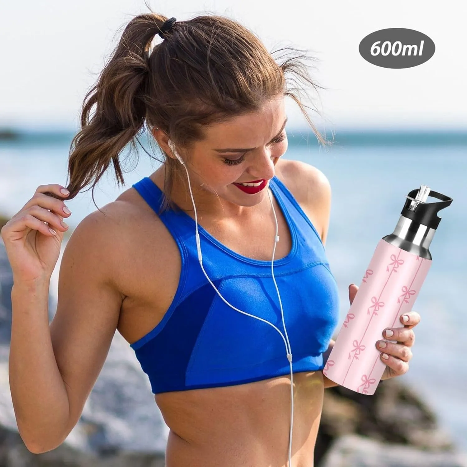 Aslsiy 20oz Sports Water Bottle Ribbons Bow Coquette Insulated Water Bottle Pink Stainless Steel Gym Bottle Metal Water Flask Thermos