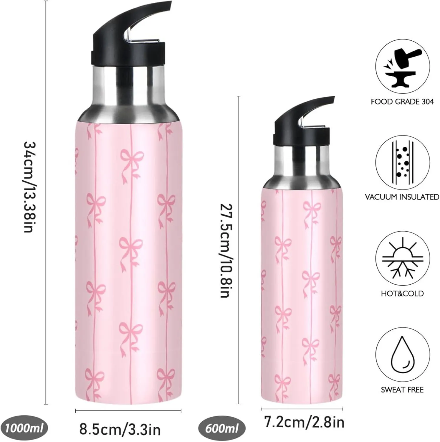Aslsiy 20oz Sports Water Bottle Ribbons Bow Coquette Insulated Water Bottle Pink Stainless Steel Gym Bottle Metal Water Flask Thermos
