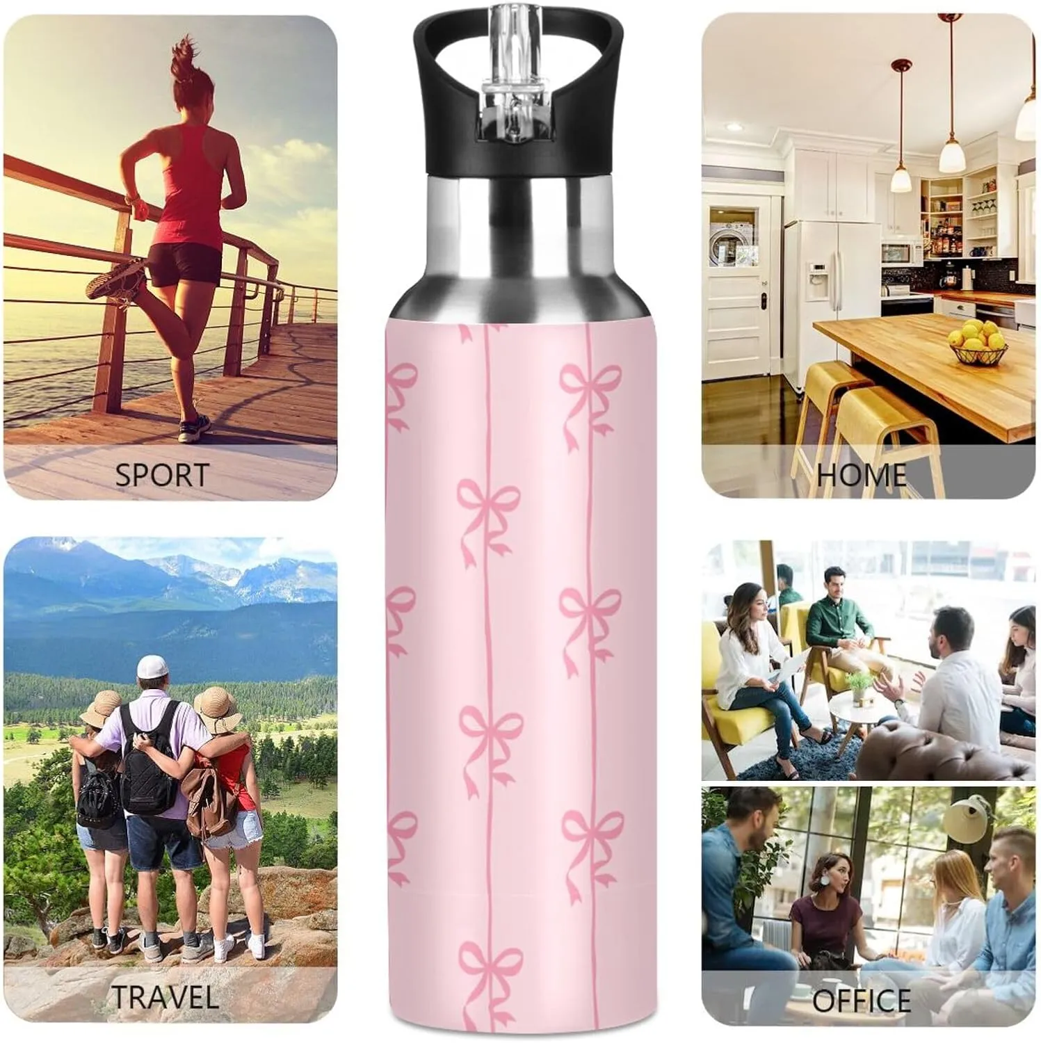 Aslsiy 20oz Sports Water Bottle Ribbons Bow Coquette Insulated Water Bottle Pink Stainless Steel Gym Bottle Metal Water Flask Thermos