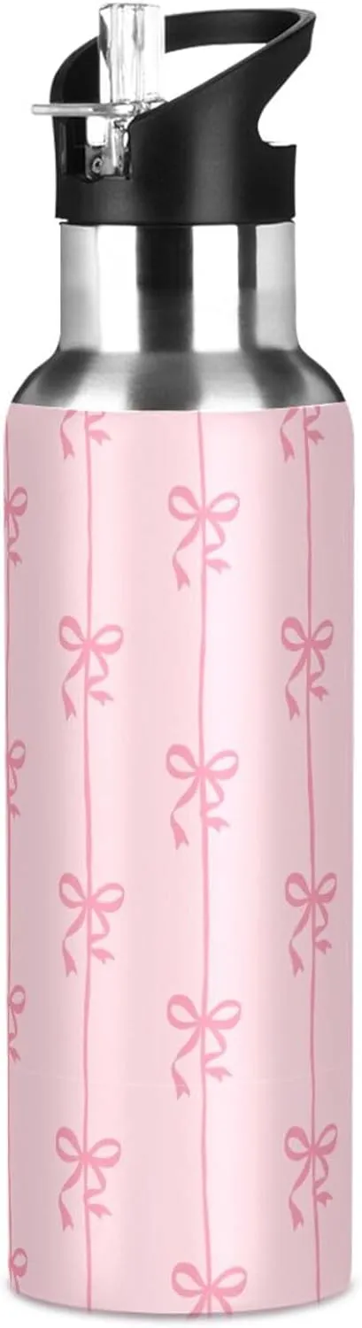 Aslsiy 20oz Sports Water Bottle Ribbons Bow Coquette Insulated Water Bottle Pink Stainless Steel Gym Bottle Metal Water Flask Thermos