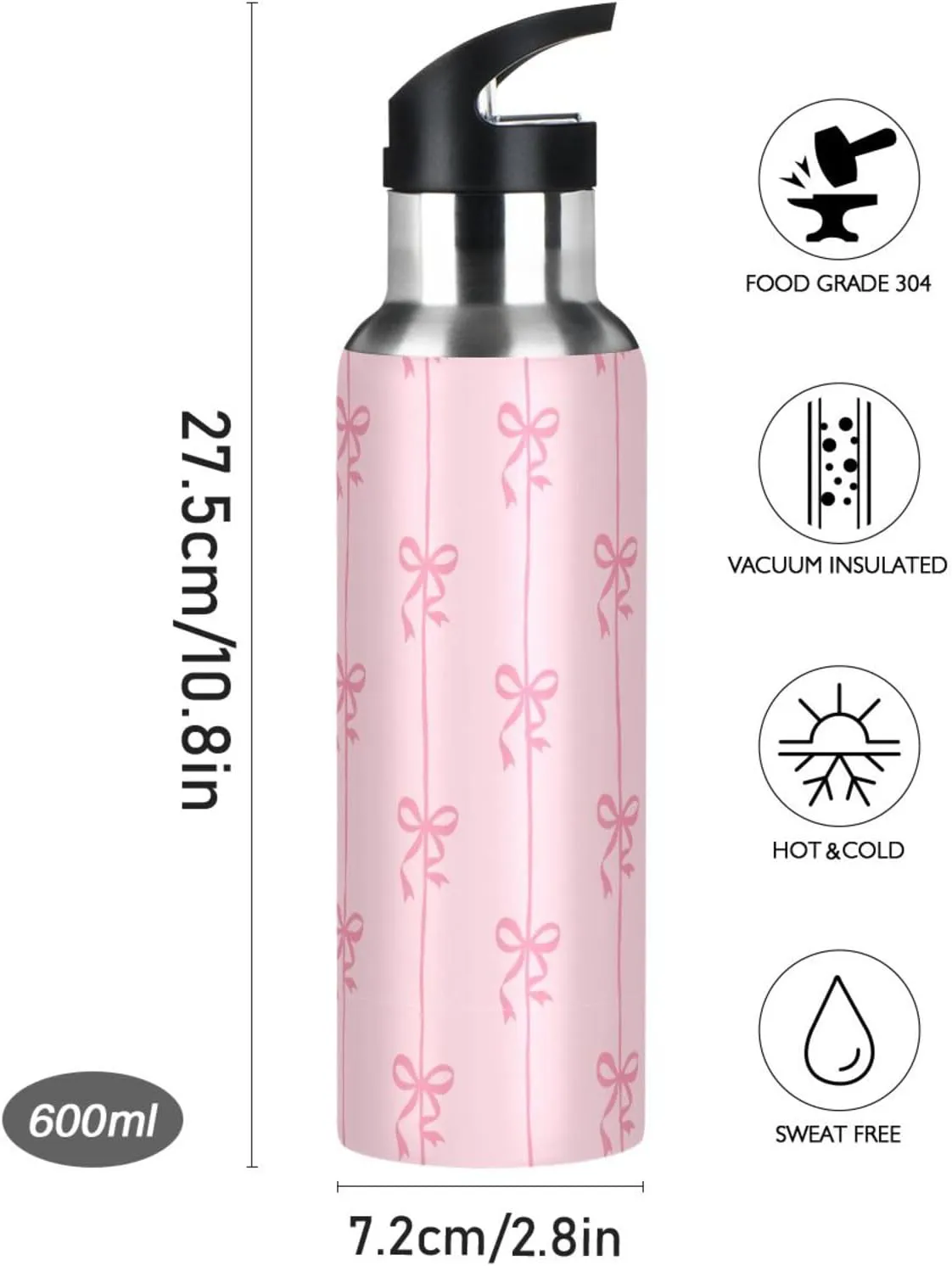 Aslsiy 20oz Sports Water Bottle Ribbons Bow Coquette Insulated Water Bottle Pink Stainless Steel Gym Bottle Metal Water Flask Thermos