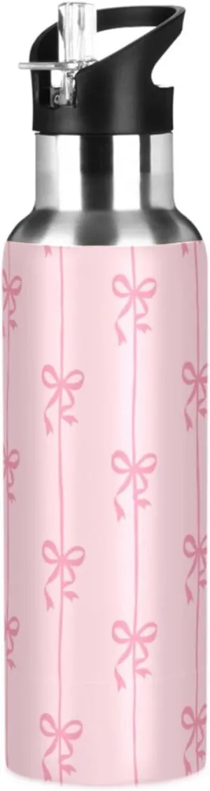 Aslsiy 20oz Sports Water Bottle Ribbons Bow Coquette Insulated Water Bottle Pink Stainless Steel Gym Bottle Metal Water Flask Thermos