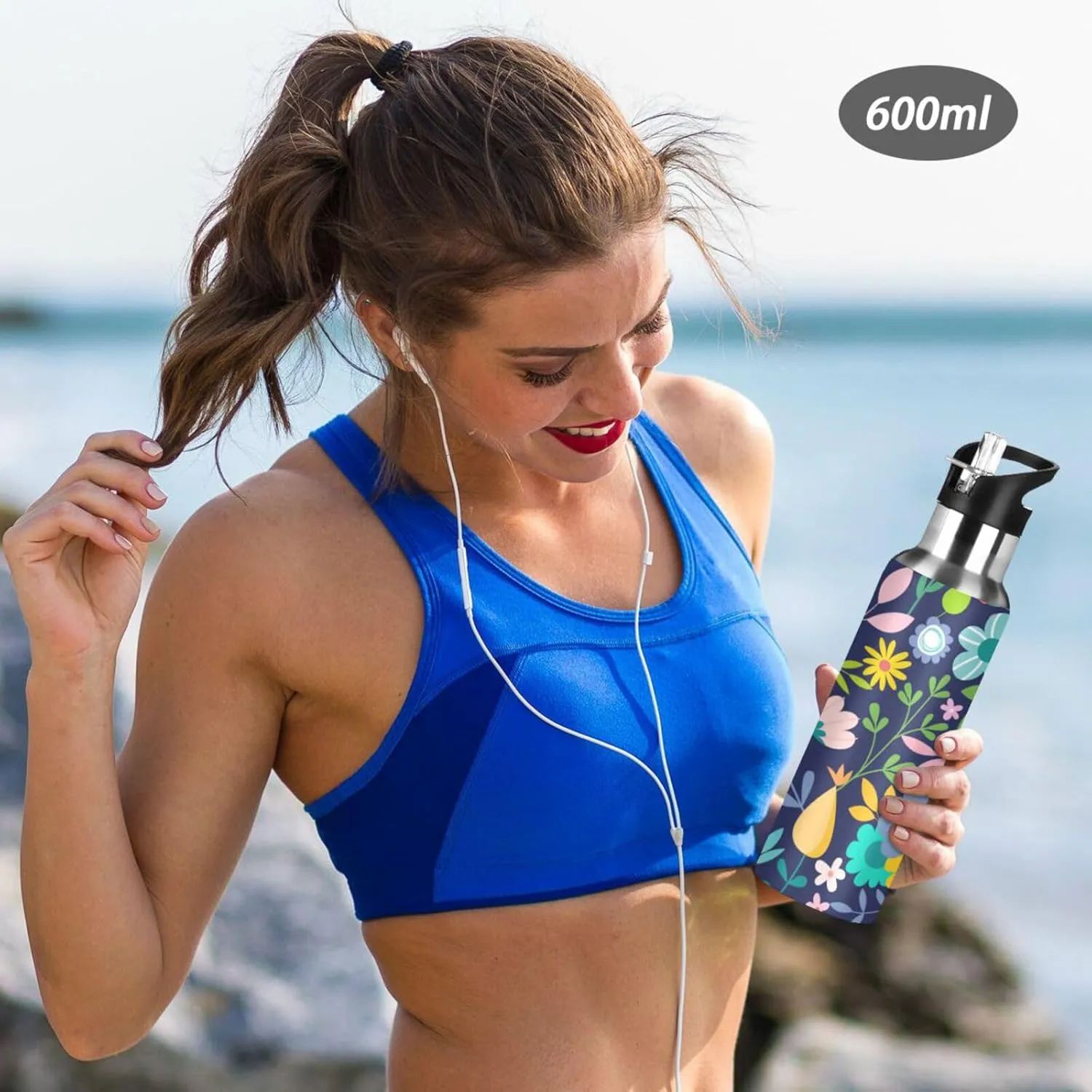 Aslsiy 20oz Water Bottle with Straw Flower Insulated Sports Bottle Daisy Floral Stainless Steel Gym Bottle Water Flask Metal Thermos for Cycling Hiking