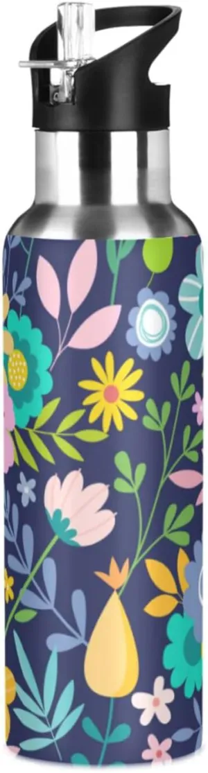 Aslsiy 20oz Water Bottle with Straw Flower Insulated Sports Bottle Daisy Floral Stainless Steel Gym Bottle Water Flask Metal Thermos for Cycling Hiking