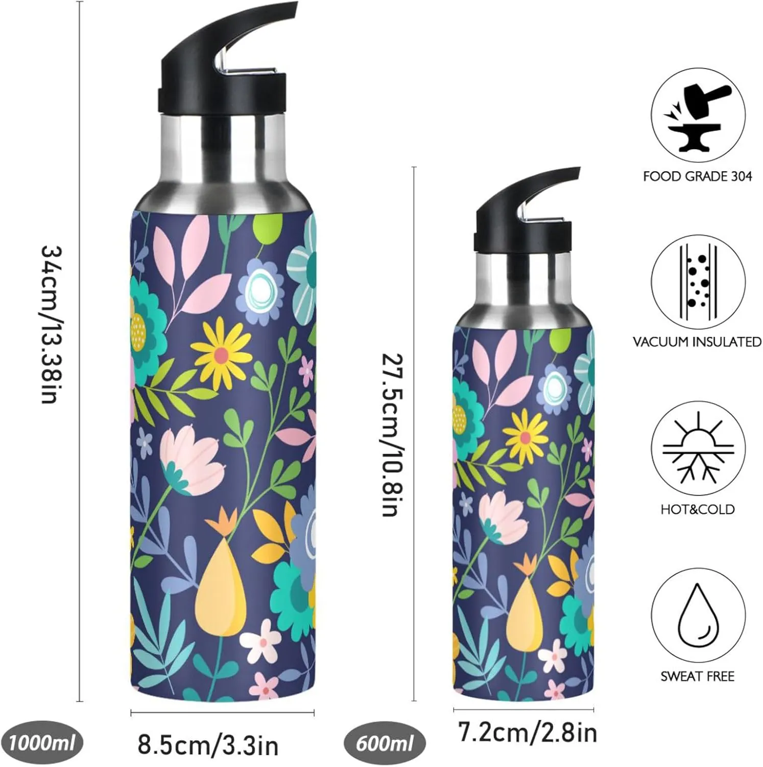 Aslsiy 20oz Water Bottle with Straw Flower Insulated Sports Bottle Daisy Floral Stainless Steel Gym Bottle Water Flask Metal Thermos for Cycling Hiking