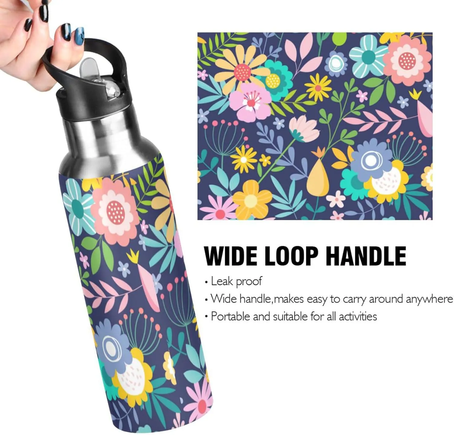 Aslsiy 20oz Water Bottle with Straw Flower Insulated Sports Bottle Daisy Floral Stainless Steel Gym Bottle Water Flask Metal Thermos for Cycling Hiking