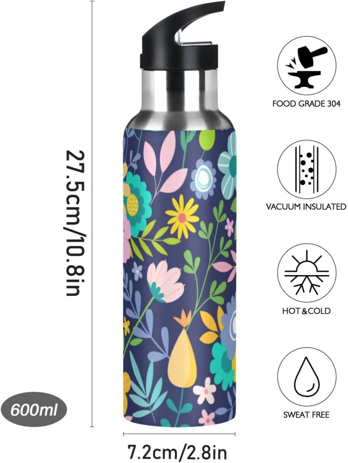Aslsiy 20oz Water Bottle with Straw Flower Insulated Sports Bottle Daisy Floral Stainless Steel Gym Bottle Water Flask Metal Thermos for Cycling Hiking