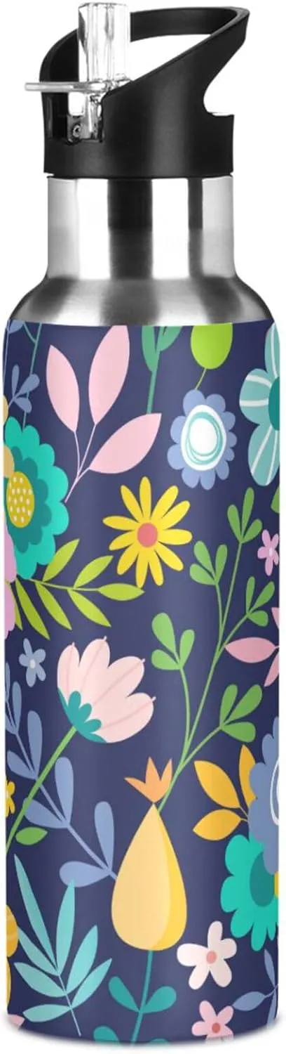 Aslsiy 20oz Water Bottle with Straw Flower Insulated Sports Bottle Daisy Floral Stainless Steel Gym Bottle Water Flask Metal Thermos for Cycling Hiking