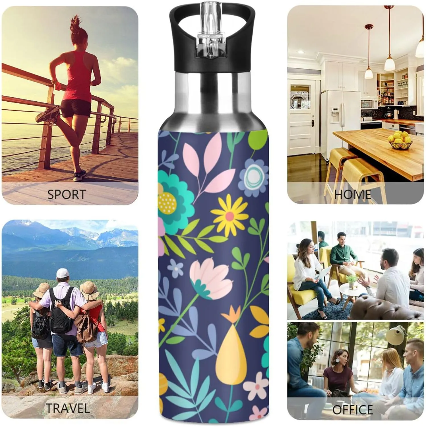 Aslsiy 20oz Water Bottle with Straw Flower Insulated Sports Bottle Daisy Floral Stainless Steel Gym Bottle Water Flask Metal Thermos for Cycling Hiking