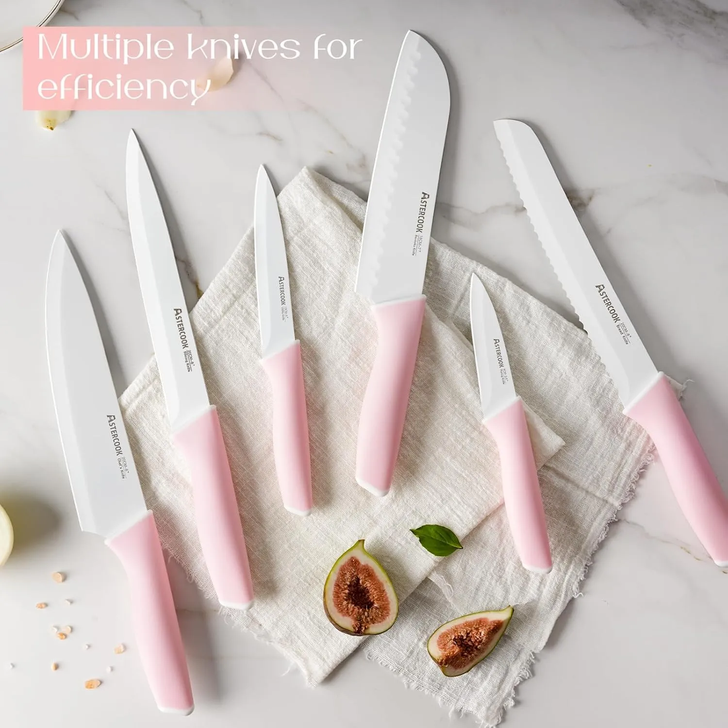 Astercook Knife Set, Kitchen Knives Set with Block and Sharpener Ceramic Coating 15 Pcs German Stainless Steel Knives Sharp Blade Dishwasher Safe Knife Block Set with Ergonomic Handle, Crystal Pink