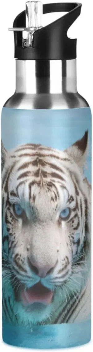 ATTX White Tiger Water Bottle with Straw, 22OZ Sports Water Bottle BPA Free Stainless Steel Water Jugs for Gym,Working, Outdoor