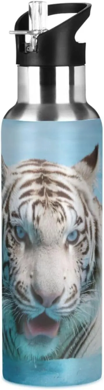 ATTX White Tiger Water Bottle with Straw, 22OZ Sports Water Bottle BPA Free Stainless Steel Water Jugs for Gym,Working, Outdoor