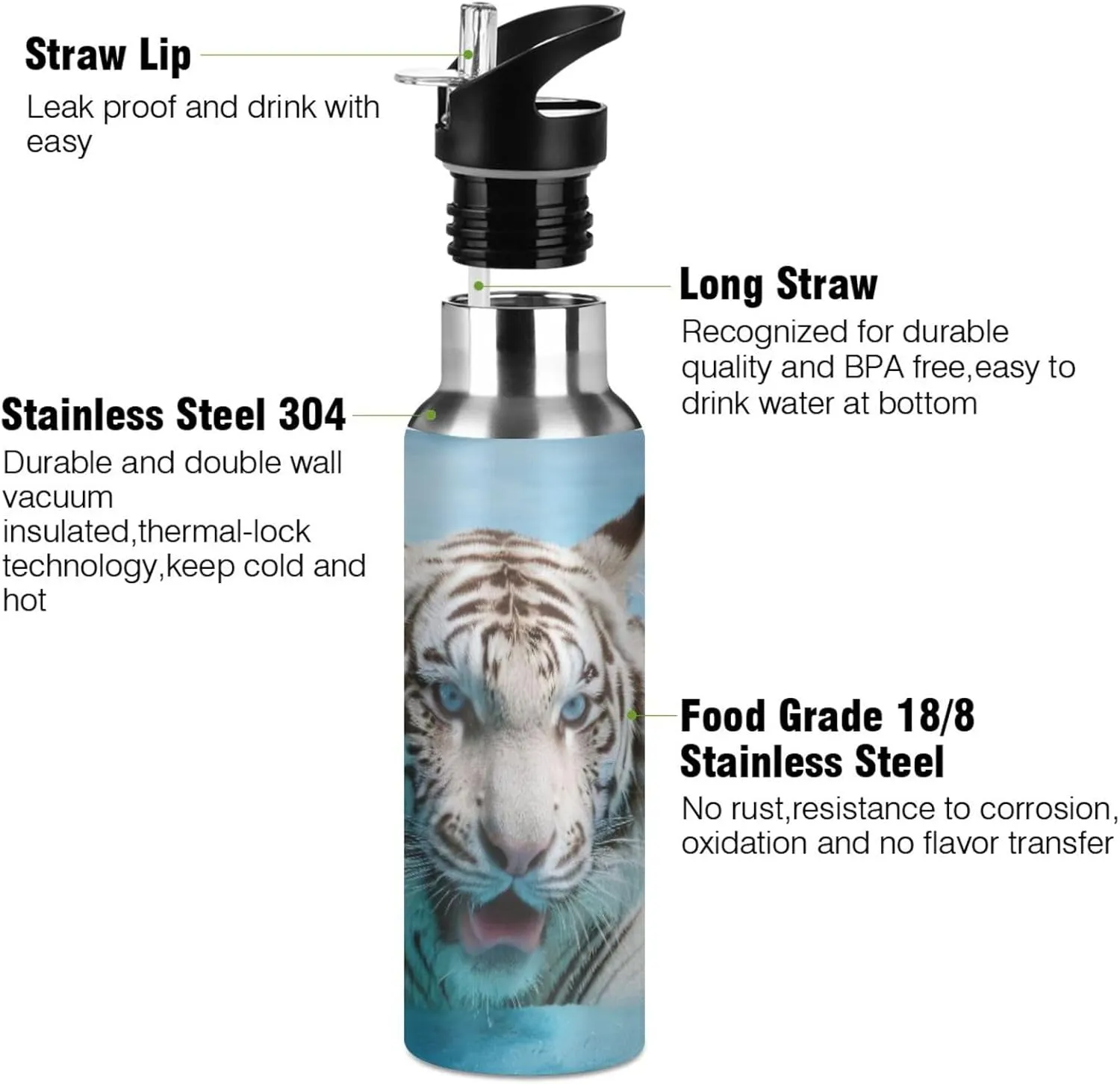 ATTX White Tiger Water Bottle with Straw, 22OZ Sports Water Bottle BPA Free Stainless Steel Water Jugs for Gym,Working, Outdoor