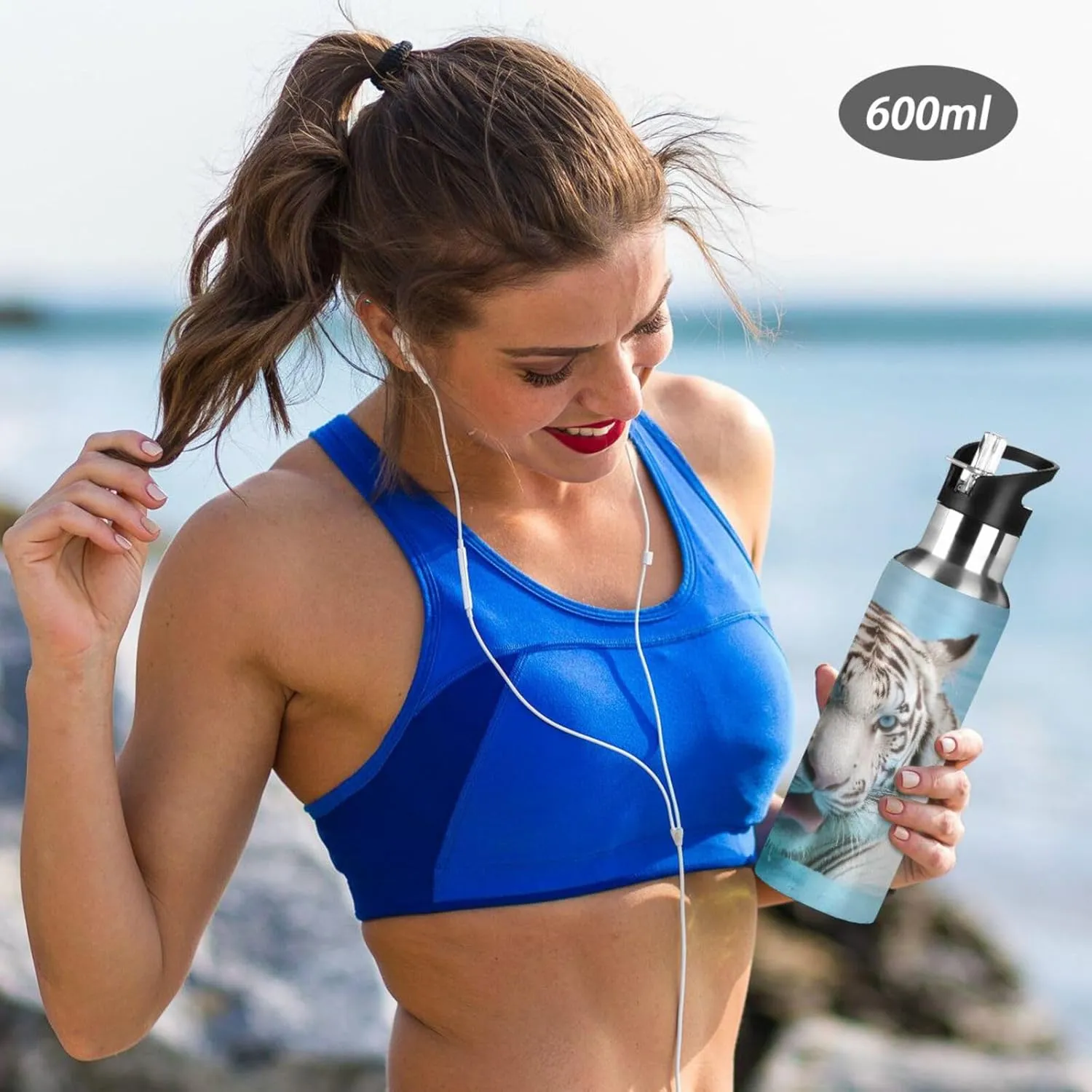 ATTX White Tiger Water Bottle with Straw, 22OZ Sports Water Bottle BPA Free Stainless Steel Water Jugs for Gym,Working, Outdoor