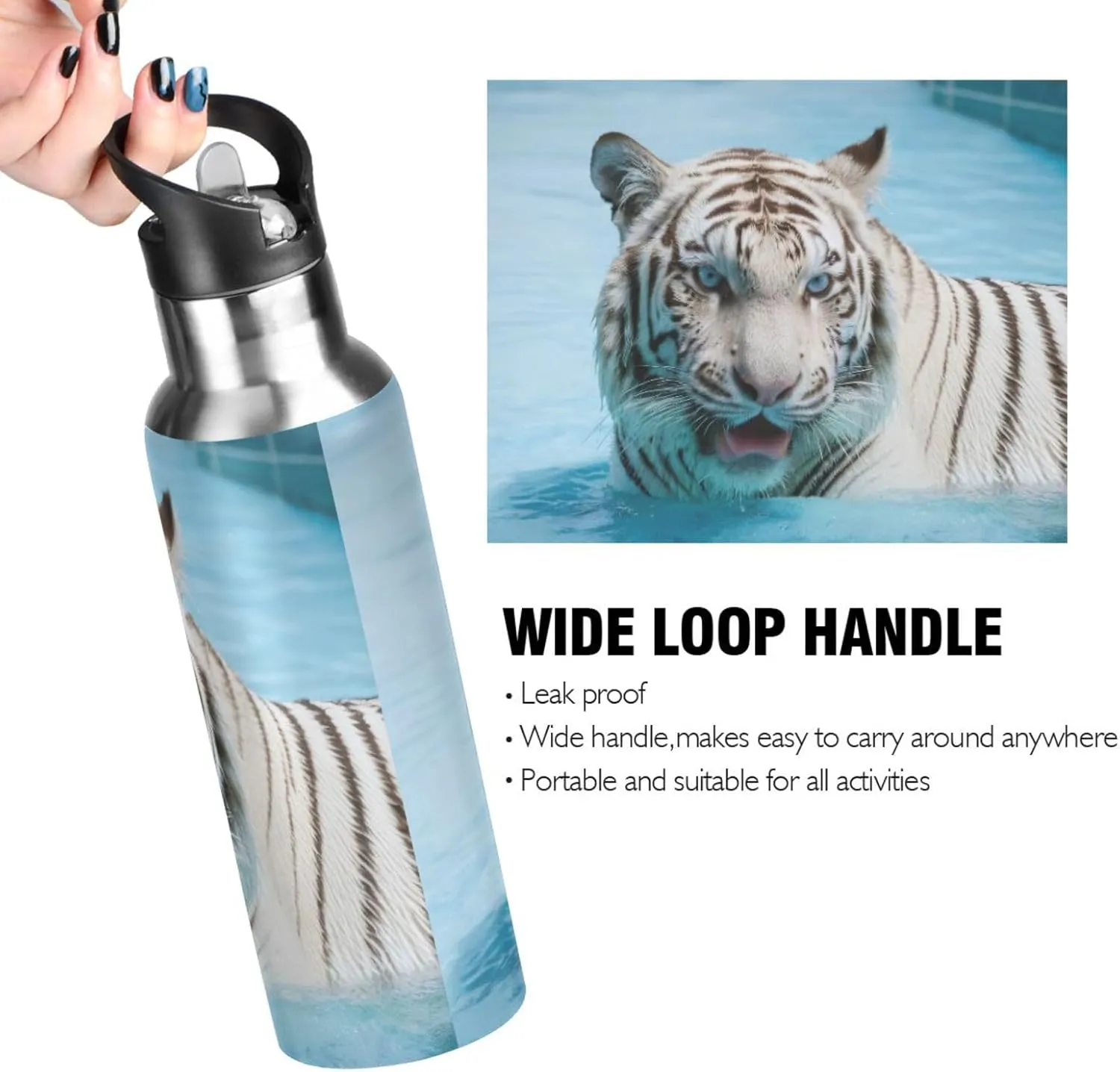 ATTX White Tiger Water Bottle with Straw, 22OZ Sports Water Bottle BPA Free Stainless Steel Water Jugs for Gym,Working, Outdoor
