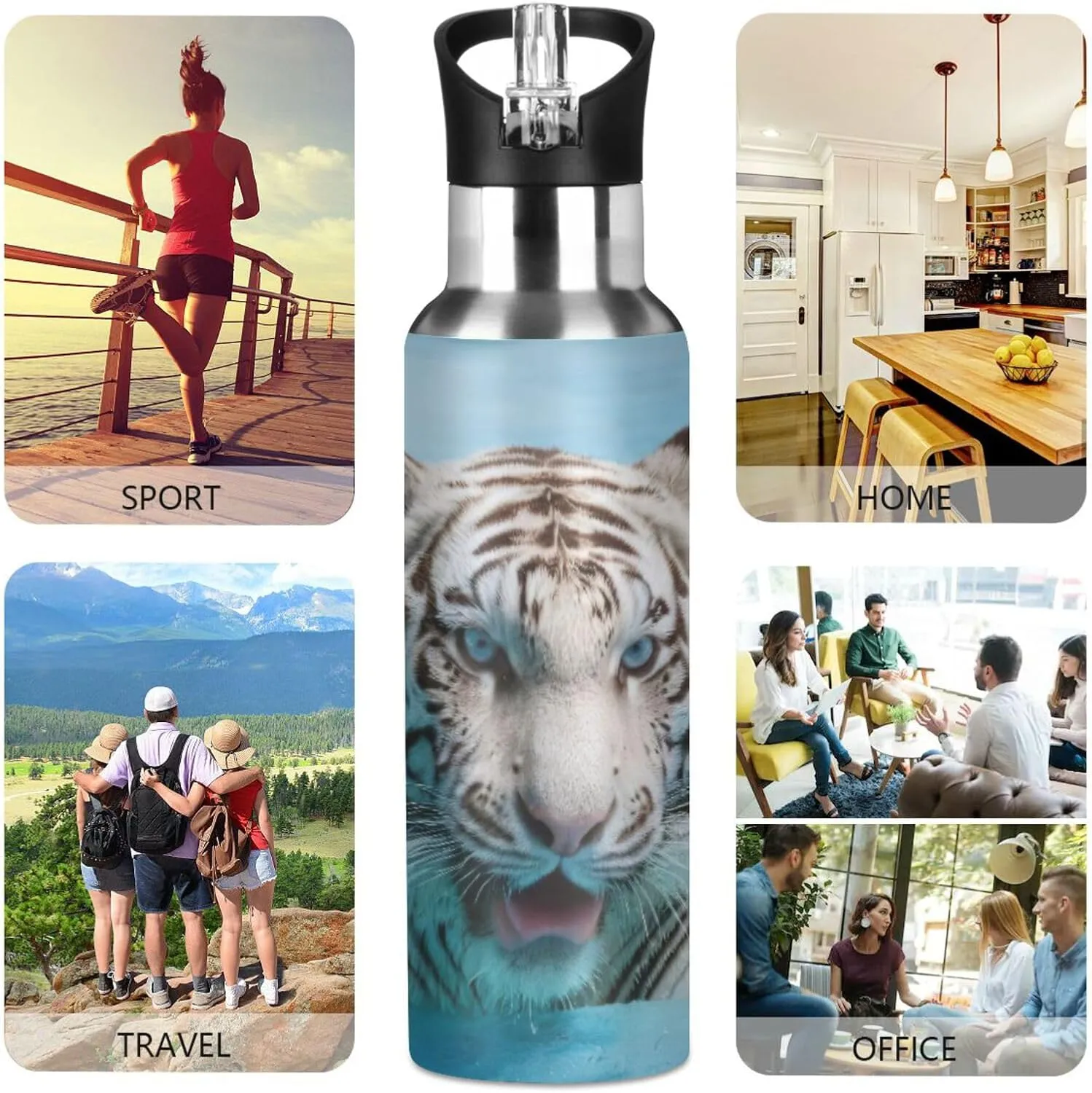ATTX White Tiger Water Bottle with Straw, 22OZ Sports Water Bottle BPA Free Stainless Steel Water Jugs for Gym,Working, Outdoor