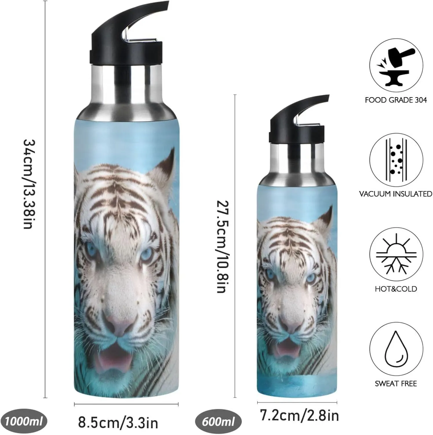 ATTX White Tiger Water Bottle with Straw, 22OZ Sports Water Bottle BPA Free Stainless Steel Water Jugs for Gym,Working, Outdoor