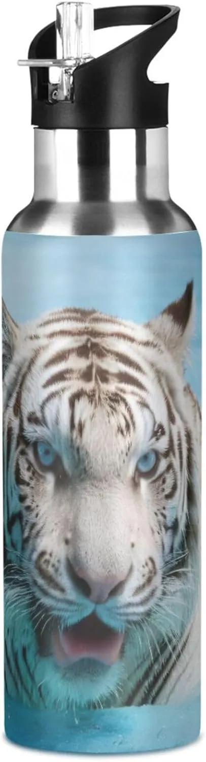 ATTX White Tiger Water Bottle with Straw, 22OZ Sports Water Bottle BPA Free Stainless Steel Water Jugs for Gym,Working, Outdoor