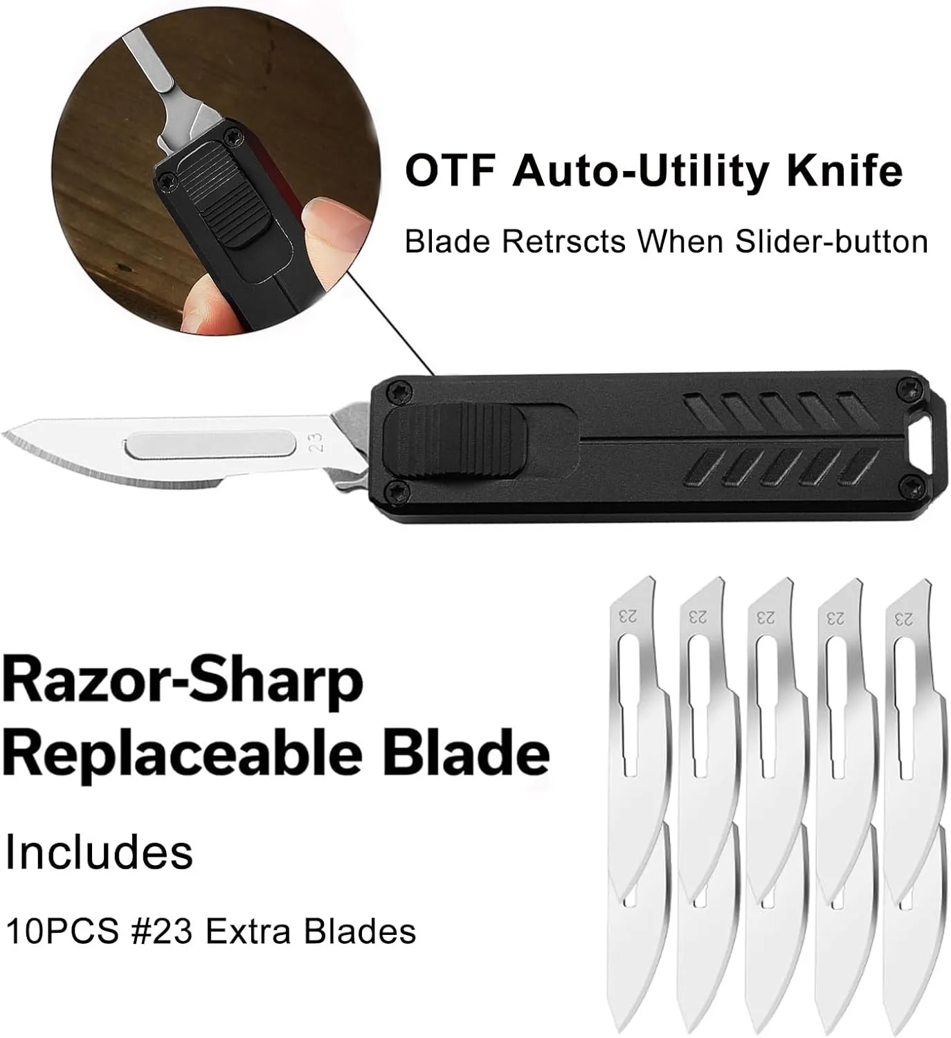 Auto Retractable Utility Knife, Safety Black Automatic Box Cutter, Scalpel Pocket Knife, Push Button EDC Razor Knife with 10PCS #23 Blades