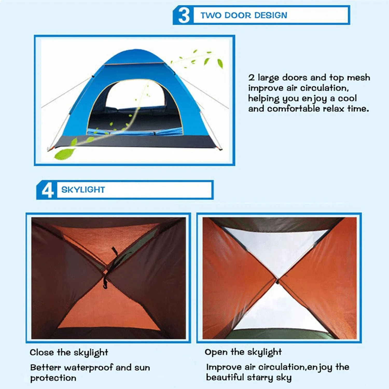 Automatic Pop Up Camping Tent, 3-4 Person Outdoor Family Tents with Skylight Cover, Quick Set up Waterproof Windproof Dome Tents for Beach, Traveling, Hiking, Hunting, Fishing
