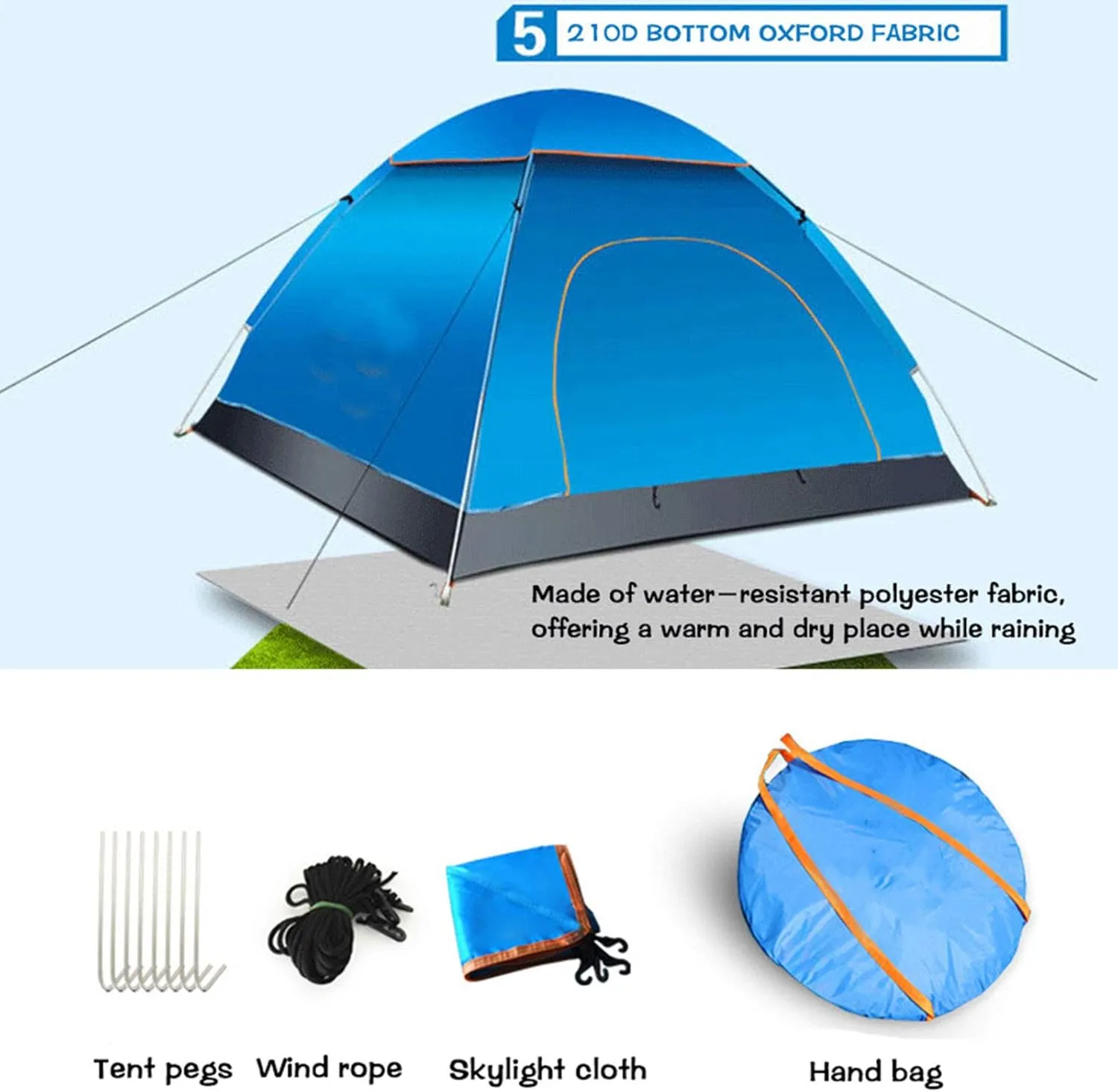 Automatic Pop Up Camping Tent, 3-4 Person Outdoor Family Tents with Skylight Cover, Quick Set up Waterproof Windproof Dome Tents for Beach, Traveling, Hiking, Hunting, Fishing