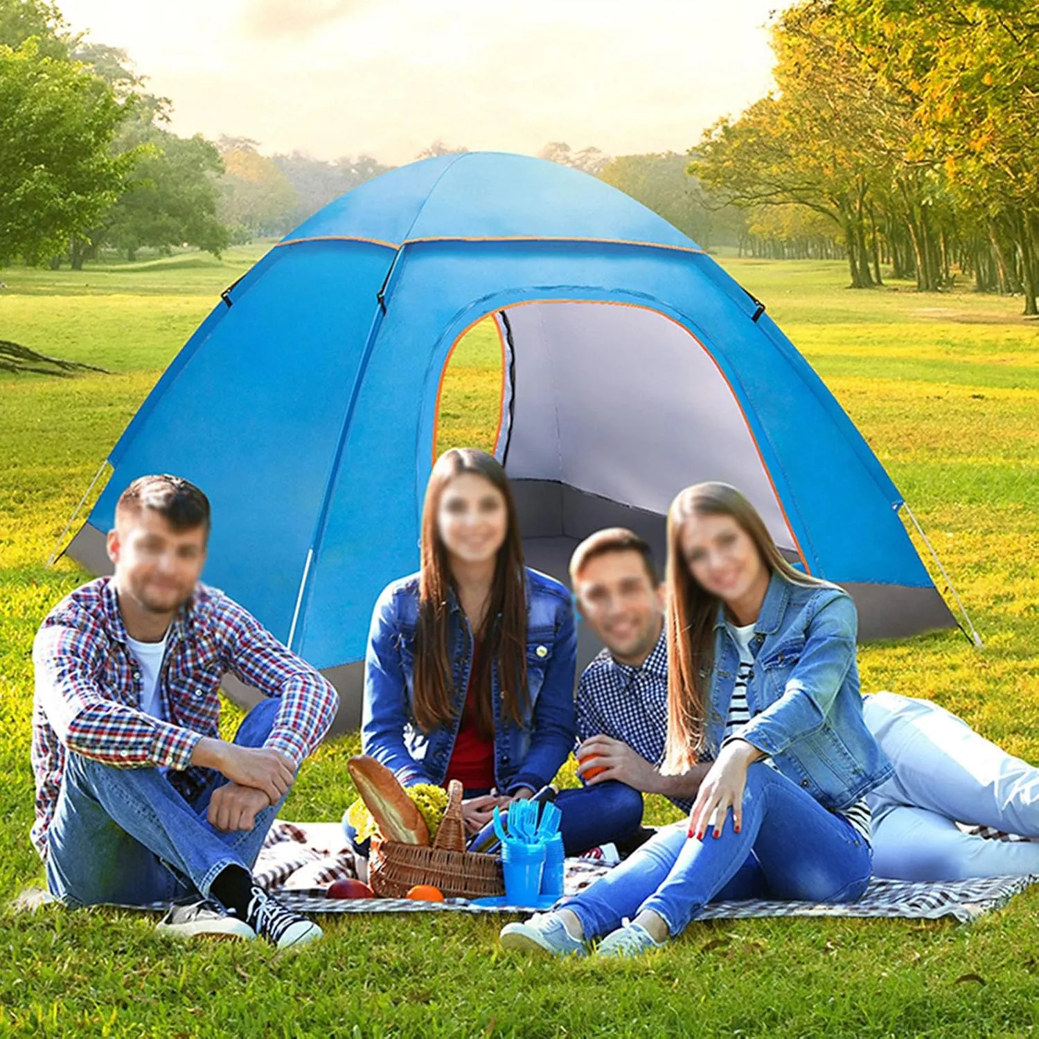 Automatic Pop Up Camping Tent, 3-4 Person Outdoor Family Tents with Skylight Cover, Quick Set up Waterproof Windproof Dome Tents for Beach, Traveling, Hiking, Hunting, Fishing