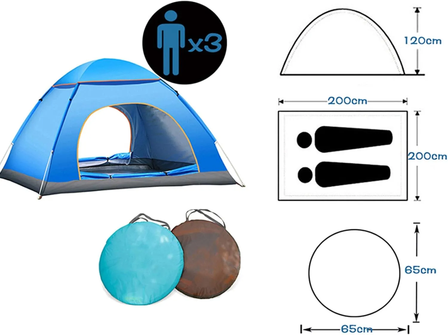 Automatic Pop Up Camping Tent, 3-4 Person Outdoor Family Tents with Skylight Cover, Quick Set up Waterproof Windproof Dome Tents for Beach, Traveling, Hiking, Hunting, Fishing