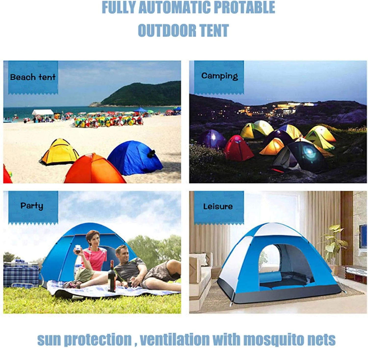 Automatic Pop Up Camping Tent, 3-4 Person Outdoor Family Tents with Skylight Cover, Quick Set up Waterproof Windproof Dome Tents for Beach, Traveling, Hiking, Hunting, Fishing