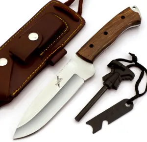 Azmera Bushcraft Hunting Knife with Fire Starter, Stainless Steel Fixed Blade Survival Knife,Handmade Knife with Leather Sheath, Outdoor Knife, Camping Knife
