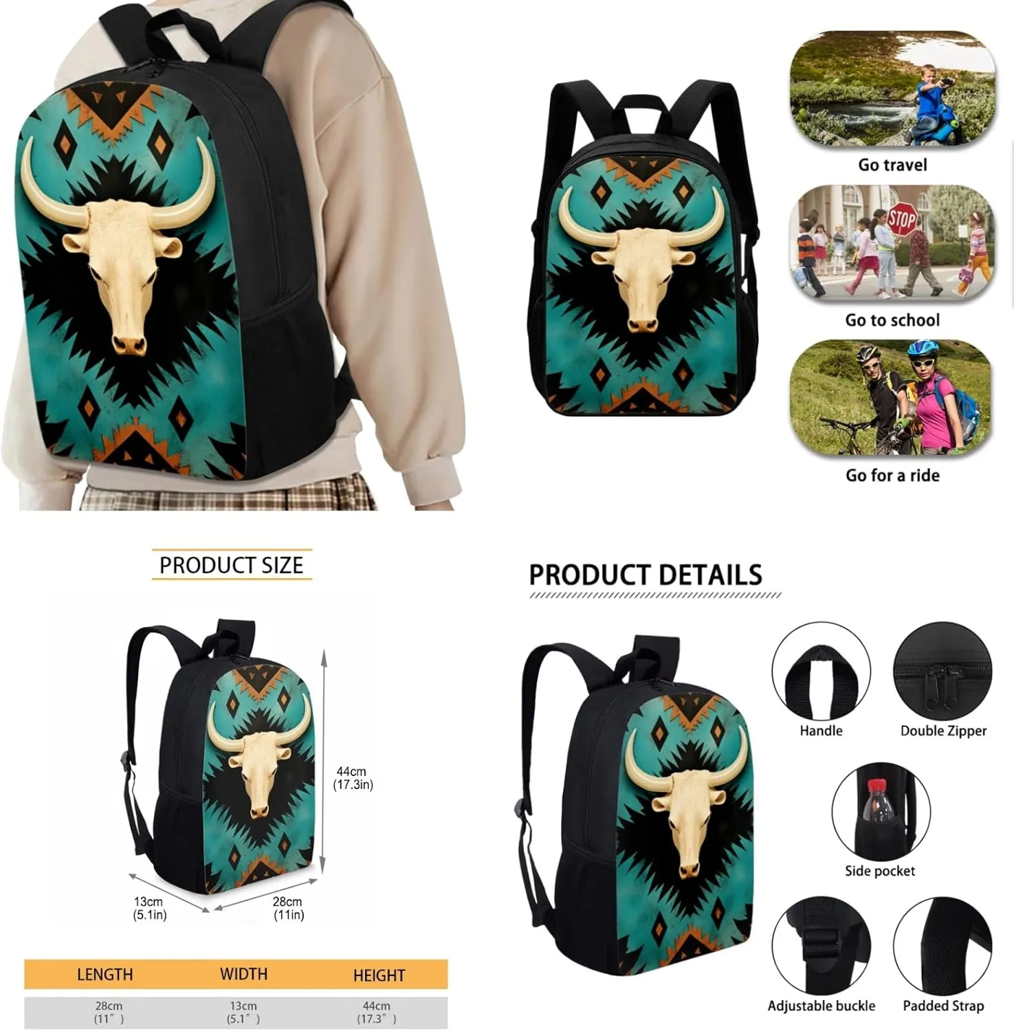 Aztec Western Kids Backpack 3 Pcs Set for Kids Sheepshead Bookbag 17 Inch School Bag for Elementary Children Book Bag for Child 5-7T Daypack for Traveling