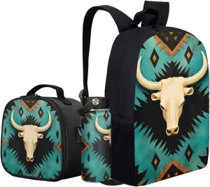 Aztec Western Kids Backpack 3 Pcs Set for Kids Sheepshead Bookbag 17 Inch School Bag for Elementary Children Book Bag for Child 5-7T Daypack for Traveling