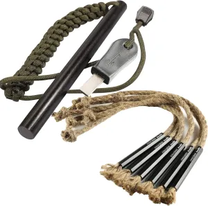 bayite 1/2 x 6 Inch Flint Steel Fire Starter Ferro Rod with Striker and CrocSee Pack of (6) Survival Wick Hemp Cords Tinder