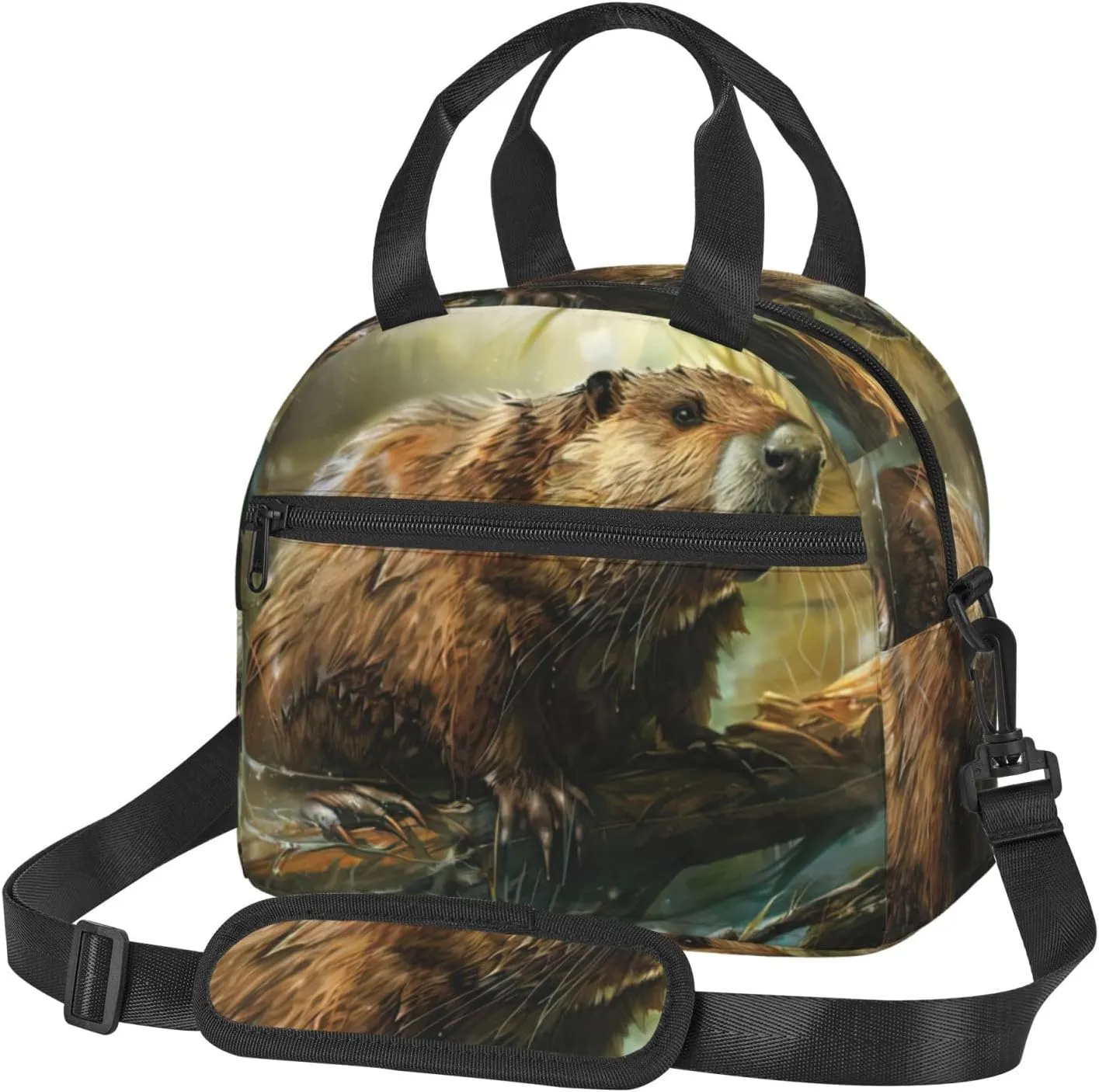 Beaver Print Lunch Bag Tote Reusable Lunch Box Container with Shoulder Strap Work Picnic Adult