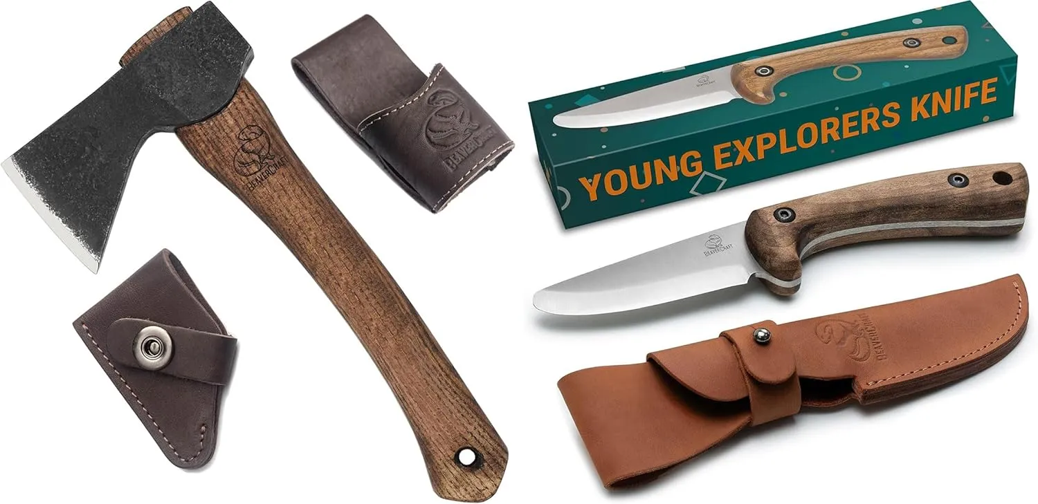 BeaverCraft AX1 Hand Forged Hatchet Axe BSH Kid Kids Knife Boy Scout Knife Whittling Knife for Kids Safe