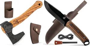 BeaverCraft Bushcraft Hatchet & Knife Carbon Steel Blade - Forged Wood Carving Axe AX6, Hatchets for Chopping Wood and Outdoor Fixed Blade Knife BSH4F with Sheath & Fire Starter for Camping