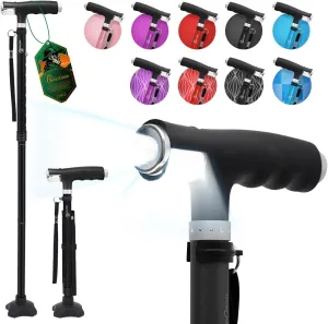 BeneCane Walking Cane for Women Folding Cane for Men with Two Led Lights Quad Cane with Stable Base Lightweight and Adjustable Walking Stick