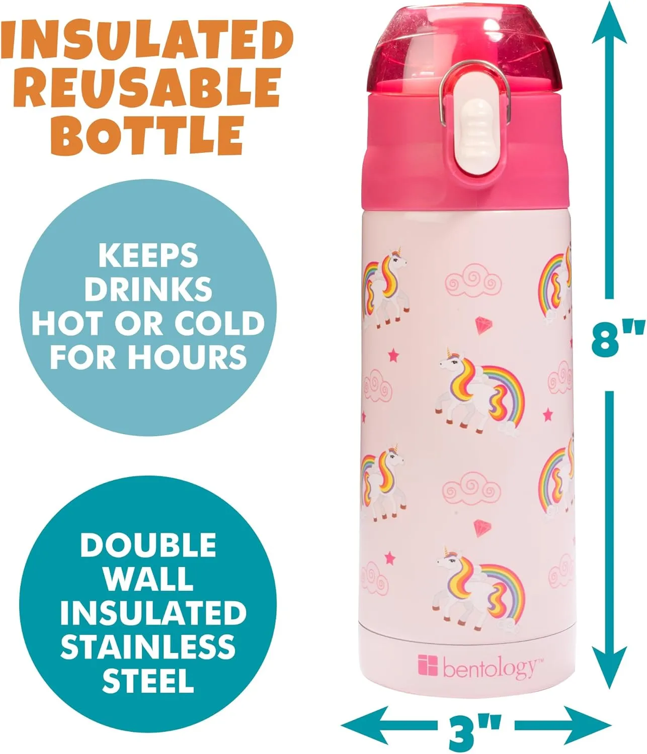 Bentology Stainless Steel 13 oz Unicorn Insulated Water Bottle for Girls – Easy to Use for Kids - Reusable Spill Proof BPA-Free Water Bottle