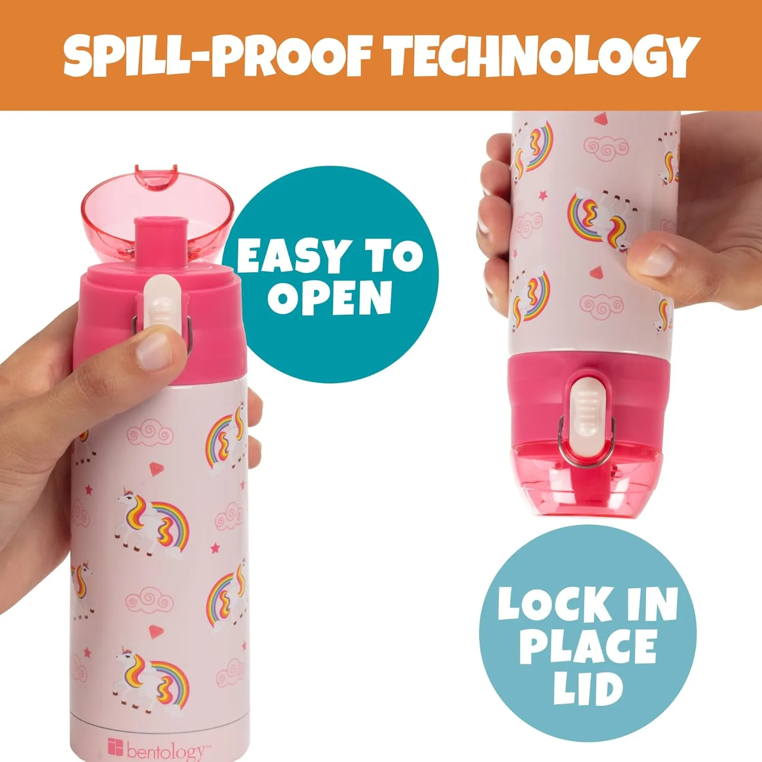 Bentology Stainless Steel 13 oz Unicorn Insulated Water Bottle for Girls – Easy to Use for Kids - Reusable Spill Proof BPA-Free Water Bottle