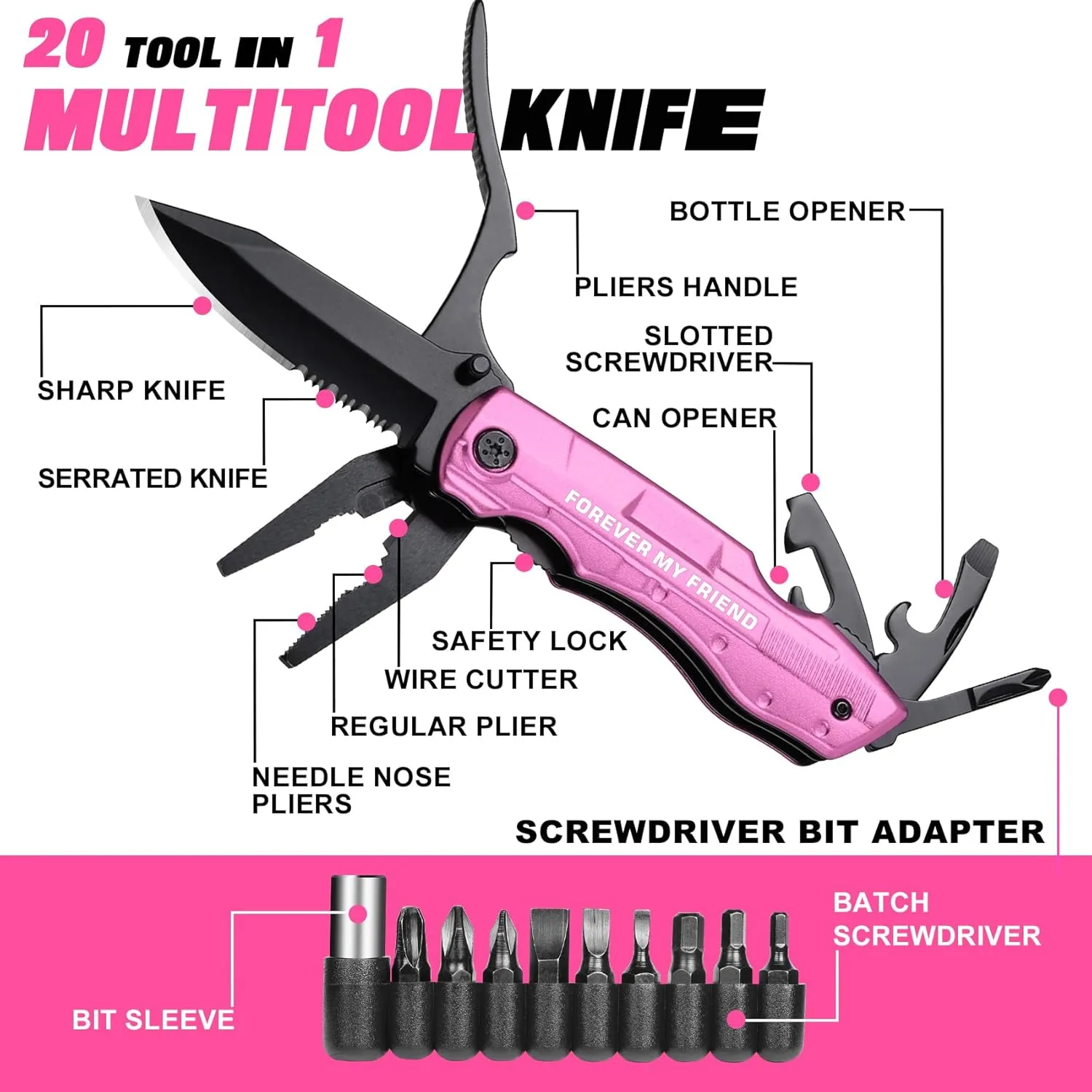 Best Friend Gift for Women, FOREVER MY FRIEND P-ink Multitool Knife, Best Friend Gift, Christmas Birthday Gifts Ideas for Best friend