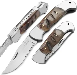 Best.Buy.Damascus1 Real Black Ram Horn 7.5" 420c Stainless Steel, Folding Knife blade Folding Pocket knife, Back Lock Hunting Fishing Camping folding Knifes