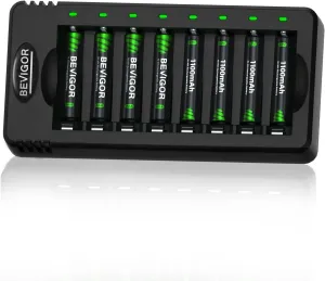 BEVIGOR Rechargeable AAA Batteries with Charger, 8 Pack 1100mAh Low Self Discharge Triple A Batteries with 8 Bay AA AAA Smart Battery Charger for Ni-MH Ni-CD, Independent Slot